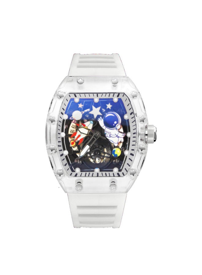 Men's White Casual Sports Waterproof Quartz Watch, Fashion Hollow Dial with Astronaut Pattern Design