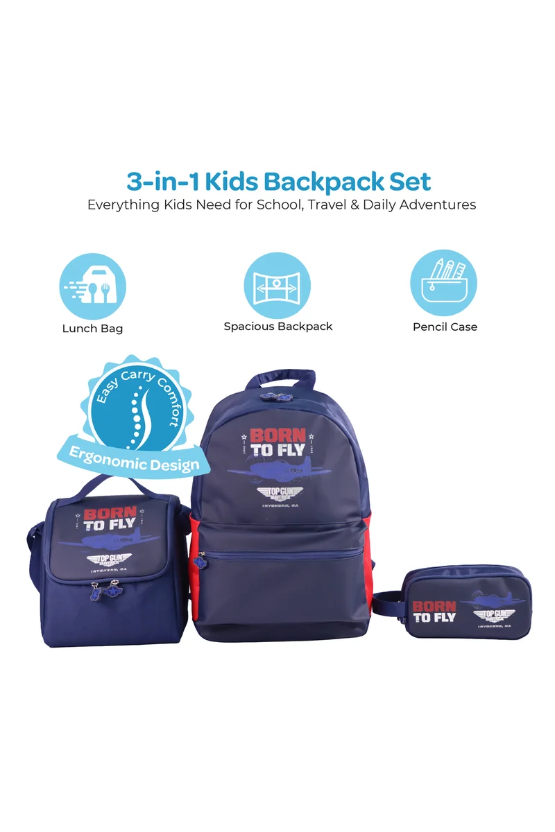 مون MOON Licensed Top Gun 3-in-1 Kids School Backpack Set    - (17-Inch) Premium Kids School Bag with Lunch Bag & Pencil Case-Blue