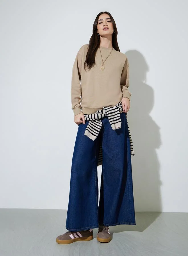 ستايلي Beige Solid Oversize Pullover Sweatshirt