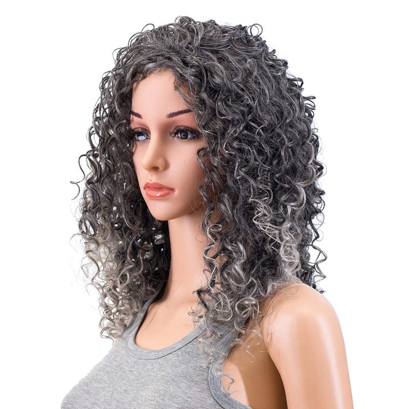SWACC 20Inch Long Big Bouffant Curly Wigs for Women Synthetic Heat Resistant Fiber Hair Pieces with Wig Cap Gray Mixed Highlights