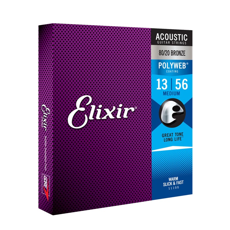 Elixir Strings, Acoustic Guitar Strings, 80/20 Bronze with POLYWEB Coating, Longest-Lasting Warm Tone with Comfortable Feel, 6 String Set, Medium 13-56 - Image 1