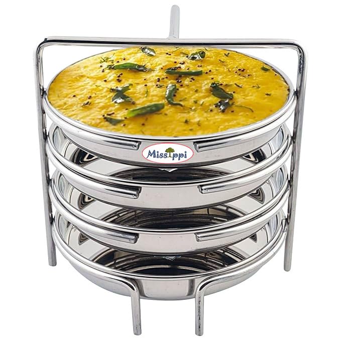 Missippi Stainless Steel Dhokla Maker, Thatte Idli Maker, Dhokla Stand | Thattu Idli Plate | Idli and Dhokla Maker | Khaman Dhokla Plate - 4 Plates, 16 cm Plates Set With Stand (4 Plate Stand) - Image 3
