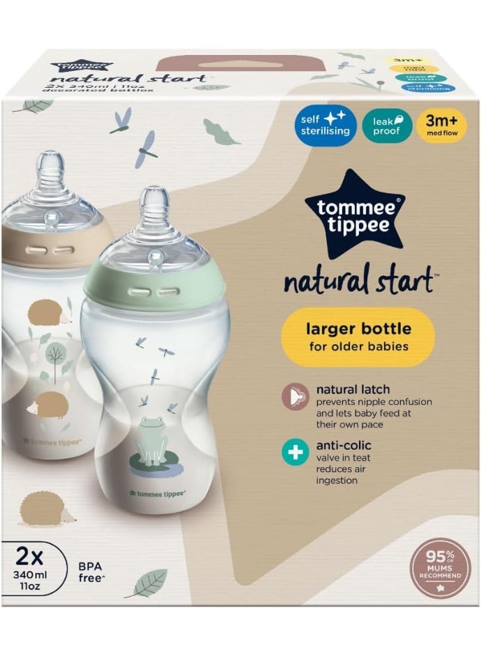tommee tippee Natural Start Baby Feeding Bottles Med Flow Breast Like Teats Anti Colic Valve Soft Silicone Nipple BPA Free 3M+ 2X340 ML - Image 2