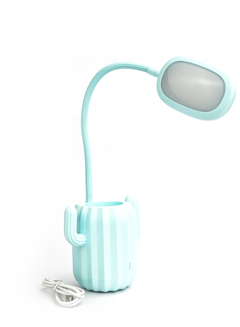 Cactus Desk Lamp with Pen Holder, Learning Eye Protection Lamp, USB Rechargeable LED/Cactus Dimmable Lamp with Pen Holder for Reading, Bedside, or Desk work/ Light Décor - Blue - Image 1