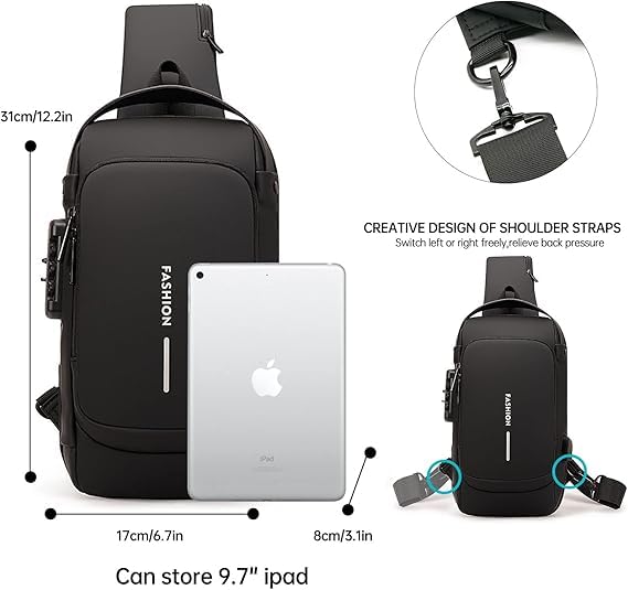 SKYTONE Anti Theft Unisex Waterproof Side Bag, USB Charging port Shoulder Backpack With Multifunctional Use for Travel, Hiking, Camping, Daily Out (Full Black) (Full Black) - Image 5