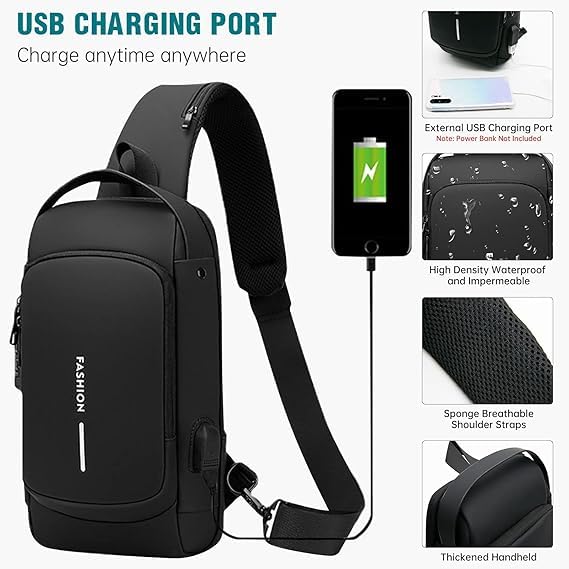 SKYTONE Anti Theft Unisex Waterproof Side Bag, USB Charging port Shoulder Backpack With Multifunctional Use for Travel, Hiking, Camping, Daily Out (Full Black) (Full Black) - Image 4