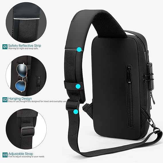 SKYTONE Anti Theft Unisex Waterproof Side Bag, USB Charging port Shoulder Backpack With Multifunctional Use for Travel, Hiking, Camping, Daily Out (Full Black) (Full Black) - Image 3