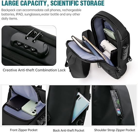 SKYTONE Anti Theft Unisex Waterproof Side Bag, USB Charging port Shoulder Backpack With Multifunctional Use for Travel, Hiking, Camping, Daily Out (Full Black) (Full Black) - Image 2