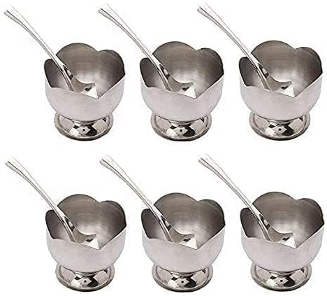 Clyde Maruti_Nandan_Enterprise Stainless Steel Lotus Design Dessert Ice Cream Cups with Spoon 6 Psc Bowl Set Silver Serving Bowl for Ice Cream Fruits Pudding Gift Article  - Image 2