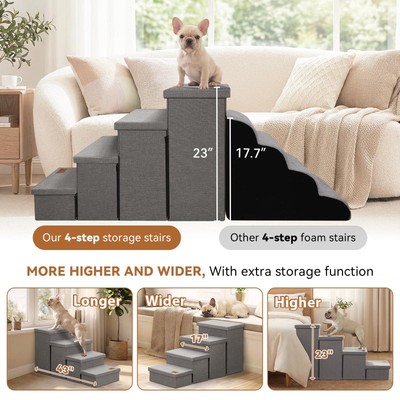 Zerbuger Dog Stairs with Storage 23" H, 4-Step Wider Dog Steps for High Beds Window, Folding Sturdy Pet Stairs Gift for Injured Old Dogs Cats, Ramp for Climbing Car Up to 200 lbs,(Gray, No Condo) - Image 4
