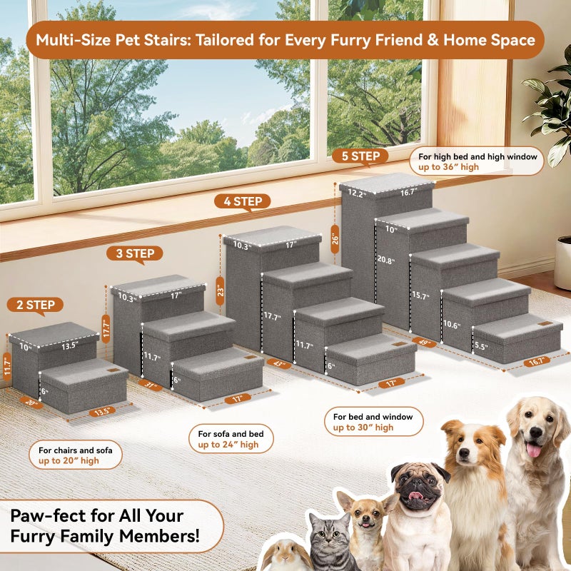 Zerbuger Dog Stairs with Storage 23" H, 4-Step Wider Dog Steps for High Beds Window, Folding Sturdy Pet Stairs Gift for Injured Old Dogs Cats, Ramp for Climbing Car Up to 200 lbs,(Gray, No Condo) - Image 3