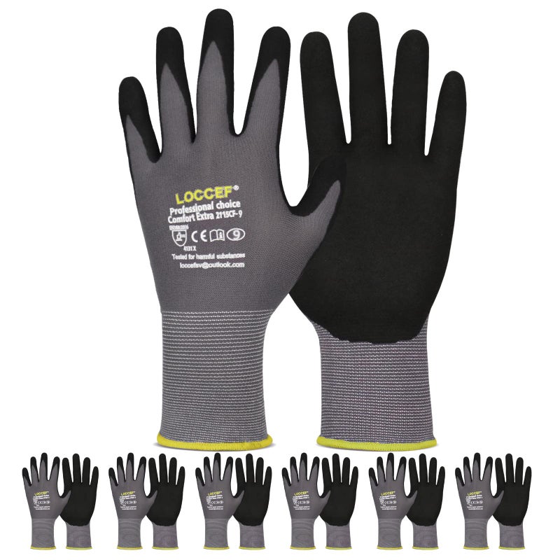 LOCCEF Work Gloves MicroFoam Nitrile Coated6 PairsSeamless Knit Nylon GlovesGray Work gloves 11XXL Gary6 Pairs