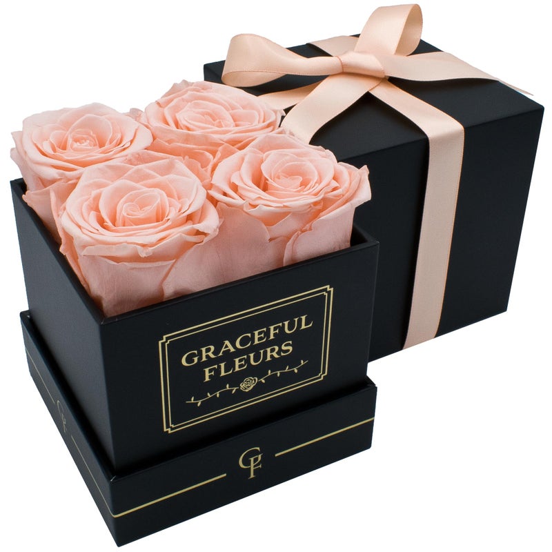 Chloe's Graceful Fleurs Graceful Fleurs  Real Long Lasting Roses for Years  Preserved Fresh Flowers for Delivery Birthday  Birthday Gifts for Women  Forever Roses in a Box Light Peach Black Box 4 Roses 