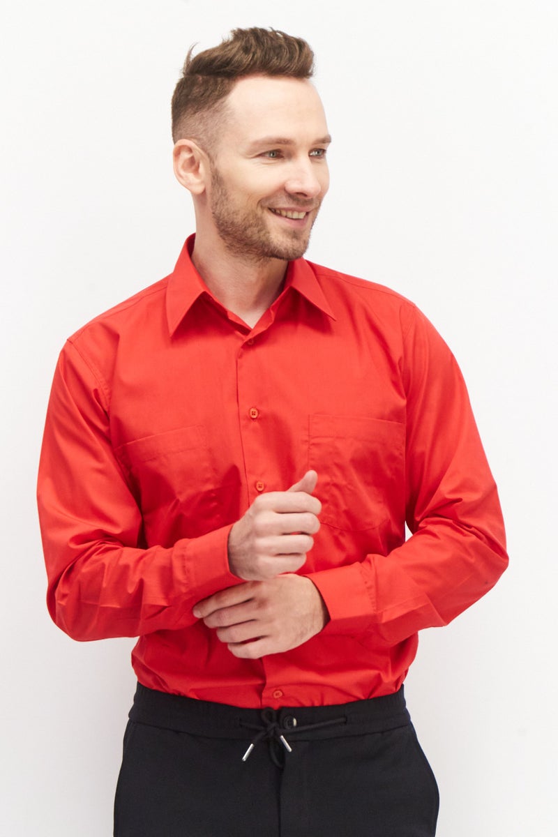 Men Tall Fit Long Sleeve Plain Casual Shirt, Red