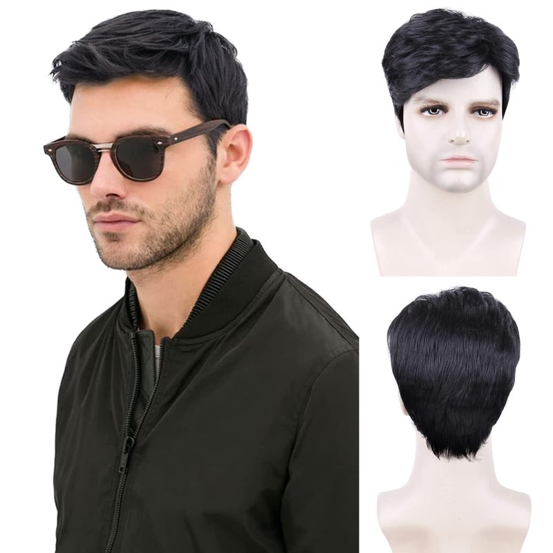 Creamily Mens Wigs Short Hair Black Curly Hair Wig for Mens Halloween Costume Wig Realistic Synthetic Cosplay Wigs for Boy Male