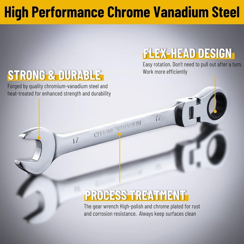 Pilida 17mm Ratcheting Wrench Metric Flex Head Ratch Wrench 12 Point Spanner 72 Teeth Chrome Vanadium Gear Combination Wrench - Image 2