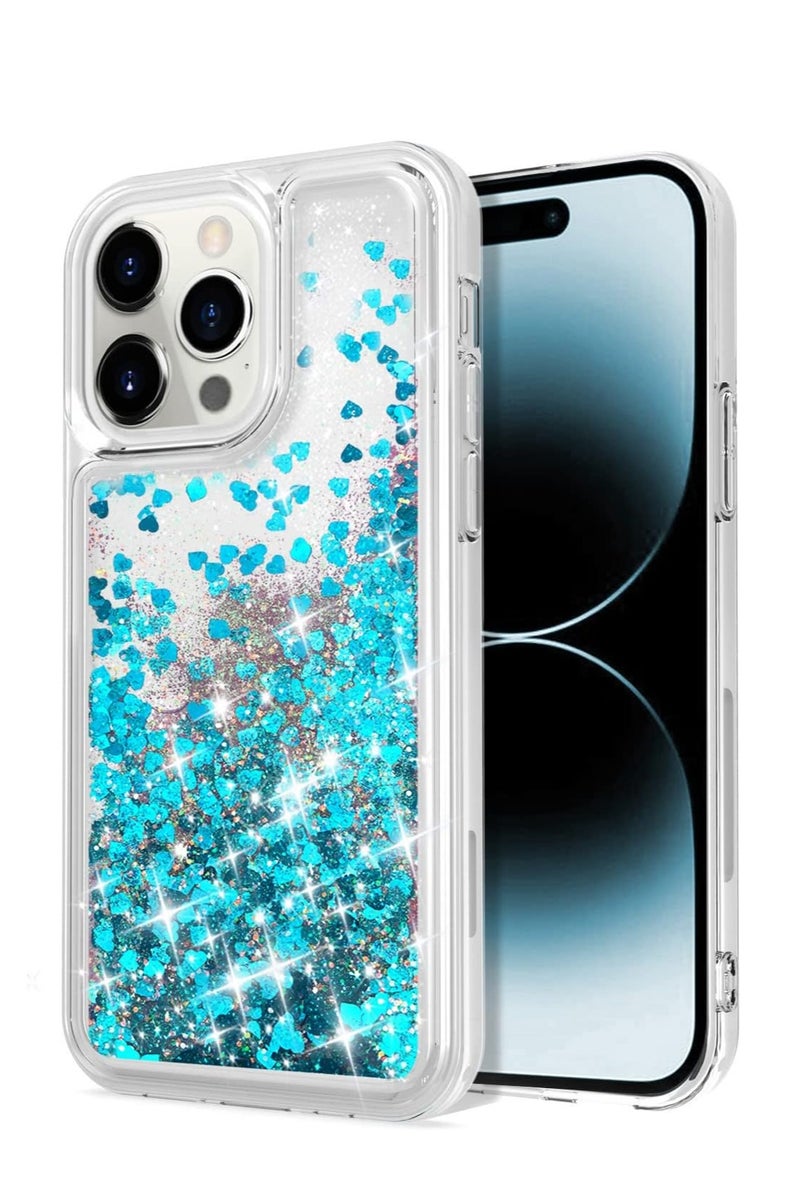 Case Club Glitter iPhone 13 Pro Case – Liquid Floating Blue Heart Sparkle Shockproof TPU Cover – Transparent Slim Glitter Case for Girls & Women - Image 1