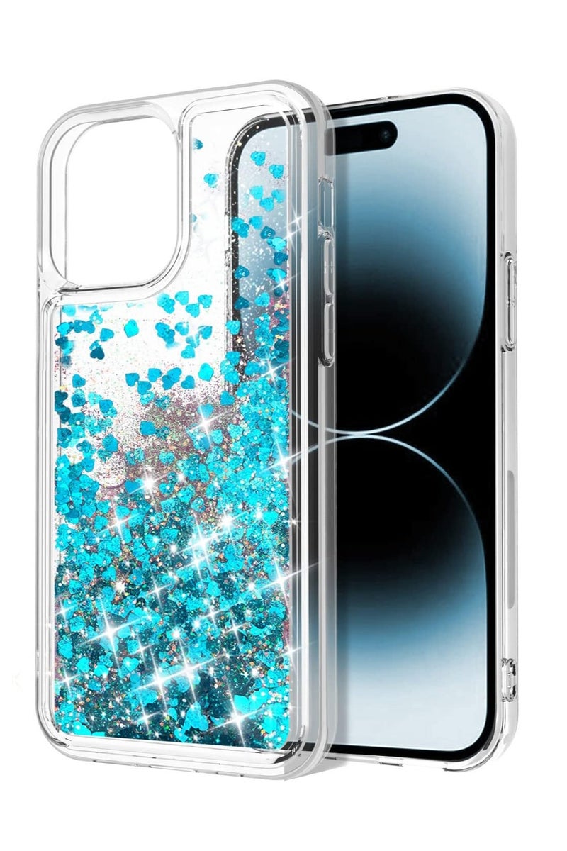 Case Club Glitter iPhone 13 Pro Case – Liquid Floating Blue Heart Sparkle Shockproof TPU Cover – Transparent Slim Glitter Case for Girls & Women - Image 3