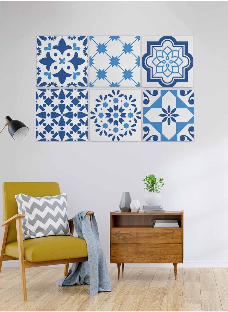 LOWHA Set Of 6 Framed Square Canvas Wall Arts Stretched Over Wooden Frame, Portuguese Azulejo Style Painting, For Home, Living Room, Office Decor  - Image 3