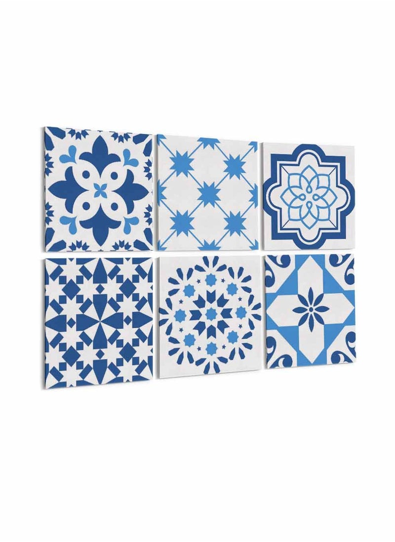 LOWHA Set Of 6 Framed Square Canvas Wall Arts Stretched Over Wooden Frame, Portuguese Azulejo Style Painting, For Home, Living Room, Office Decor  - Image 1