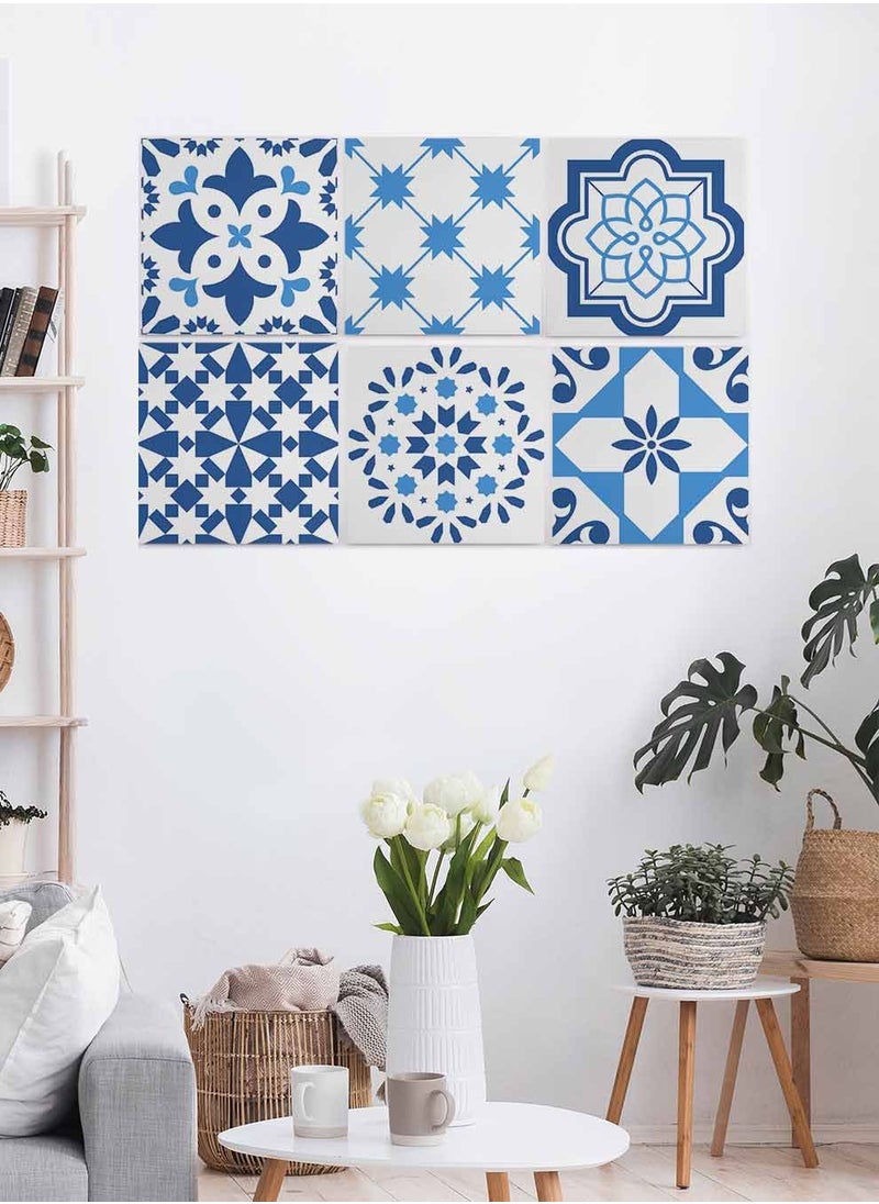 LOWHA Set Of 6 Framed Square Canvas Wall Arts Stretched Over Wooden Frame, Portuguese Azulejo Style Painting, For Home, Living Room, Office Decor  - Image 4