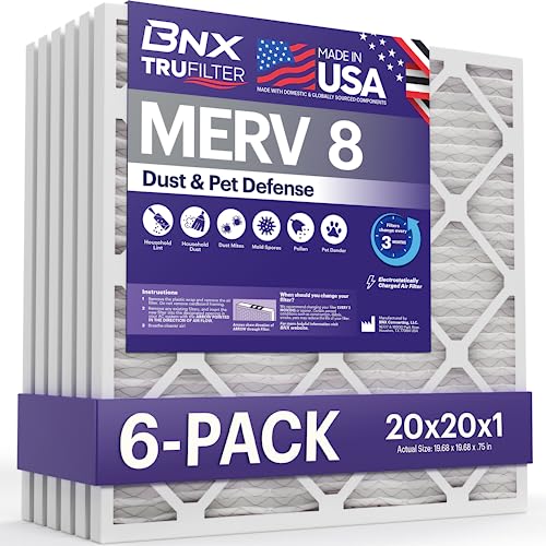 BNX TruFilter 20x20x1 Air Filter MERV 8 6Pack MADE IN USA Dust Pet Defense Electrostatic Pleated Air Conditioner HVAC AC Furnace Filters for Dust Pet Mold Pollen MPR 600 700 FPR 5