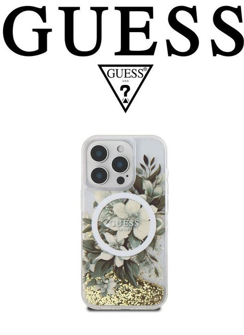 iPhone 16 Pro Max back Case, supports MagSafe wireless charging, transparent with original logo and approved design from the global brand Guess. From CG Mobile. Beige