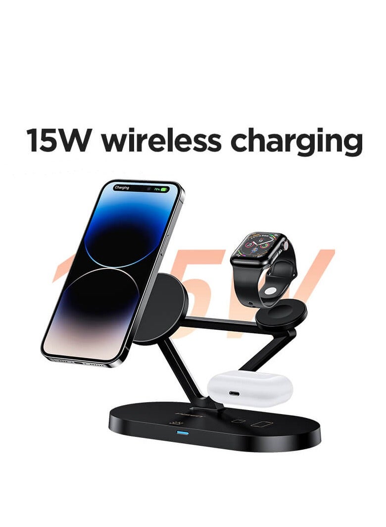 بايزن 3 in 1 Wireless Charging Station for MagSafe,15W Quick Magnetic Wireless Charger, Travel Mag-Safe Charger Stand with Night Light for iPhone 16/15/14/13/12 Series, AirPods 3/2/Pro, Apple Watch - Black - Image 1