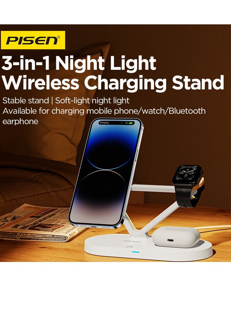 بايزن 3 in 1 Wireless Charging Station for MagSafe,15W Quick Magnetic Wireless Charger, Travel Mag-Safe Charger Stand with Night Light for iPhone 16/15/14/13/12 Series, AirPods 3/2/Pro, Apple Watch - Black - Image 2