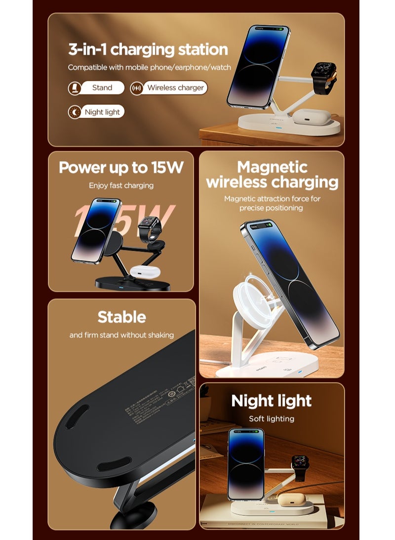 بايزن 3 in 1 Wireless Charging Station for MagSafe,15W Quick Magnetic Wireless Charger, Travel Mag-Safe Charger Stand with Night Light for iPhone 16/15/14/13/12 Series, AirPods 3/2/Pro, Apple Watch - Black - Image 3