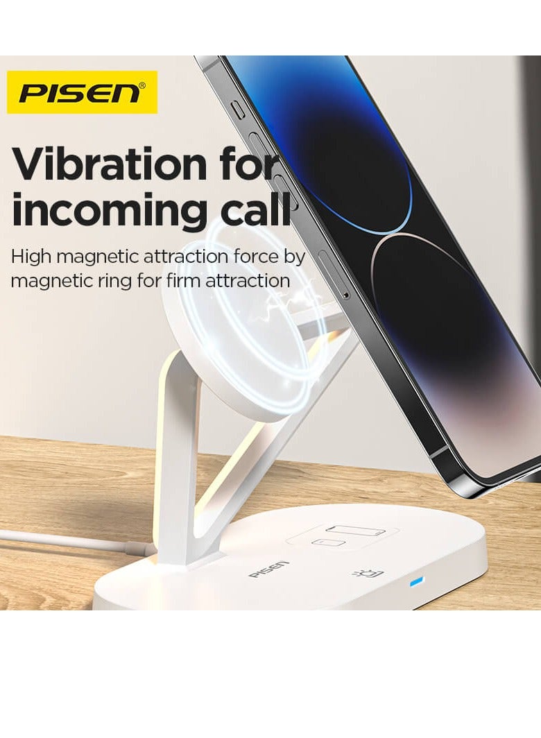 بايزن 3 in 1 Wireless Charging Station for MagSafe,15W Quick Magnetic Wireless Charger, Travel Mag-Safe Charger Stand with Night Light for iPhone 16/15/14/13/12 Series, AirPods 3/2/Pro, Apple Watch - Black - Image 4