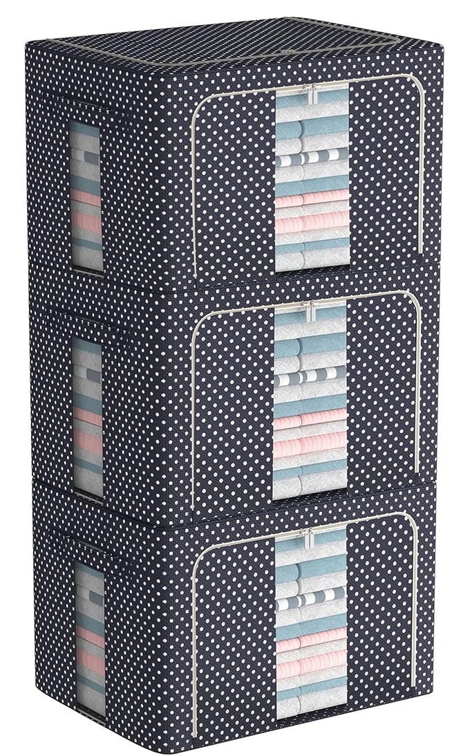 3 PACK CLOTHES STORAGE ORGANIZER BINS CONTAINERS STACKABLE METAL FRAME STORAGE BINS FOLDABLE OXFORD CLOTH BOX FOR CLOTHING STORAGE WITH CLEAR WINDOW REINFORCED HANDLES RECTANGULAR
