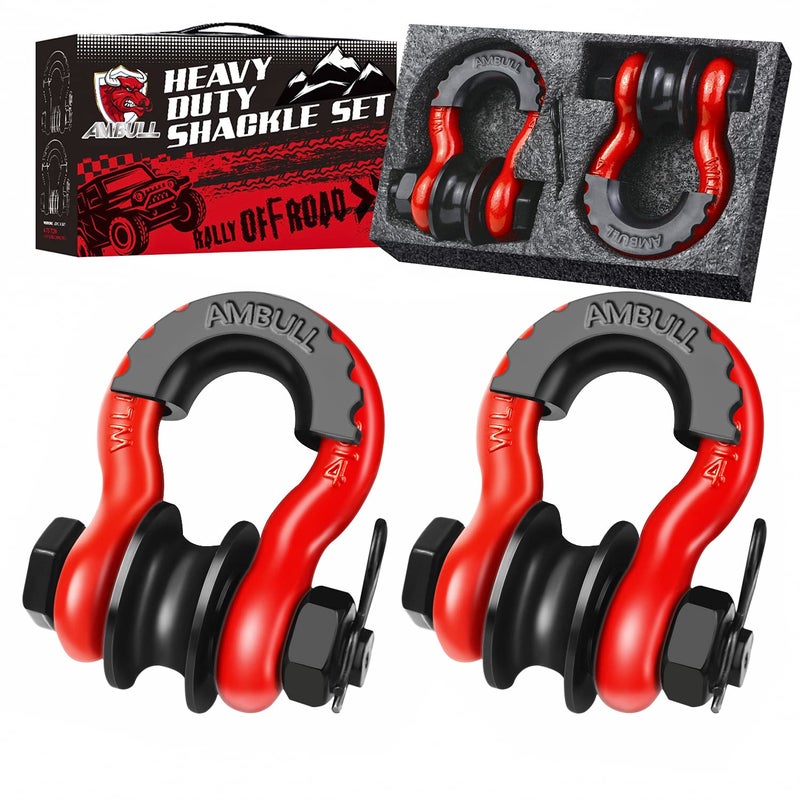 AMBULL Upgraded Snatch Block 34 D Ring Shackle 2 Pack 22000lb Break Strength with Towing Pulley Heavy Duty Offroad Recovery Accessory for Truck Tractor ATV UTV Red
