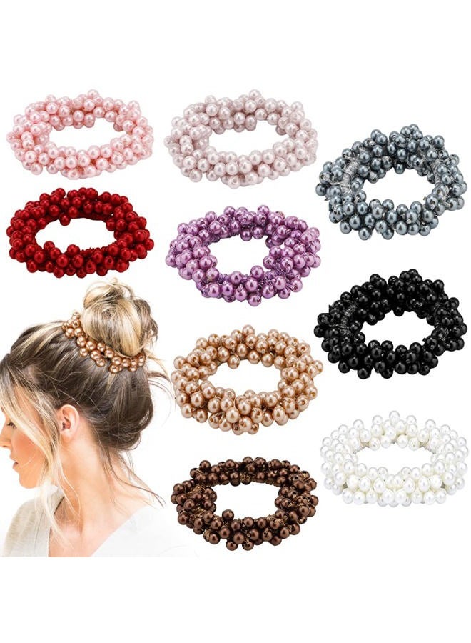 Ahoney 9Pcs Pearl Hair Ties, Crystal Beads Bulk Hair Ropes Stretchy Handmade Boho Hair Accessories for Women Girls, Multi-color Pearl - Image 1