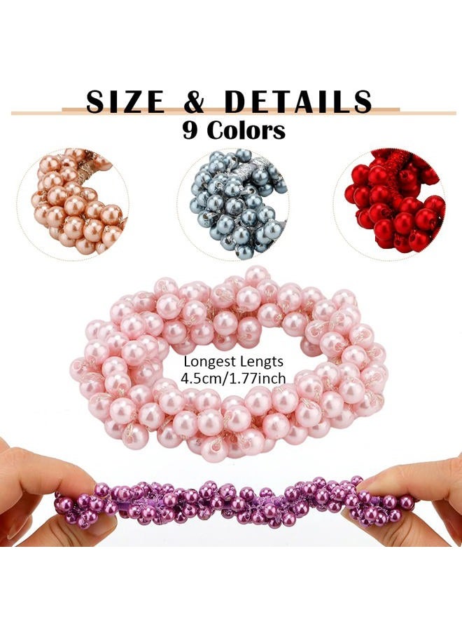 Ahoney 9Pcs Pearl Hair Ties, Crystal Beads Bulk Hair Ropes Stretchy Handmade Boho Hair Accessories for Women Girls, Multi-color Pearl - Image 3