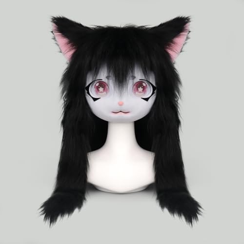 SMILETERNITY SMILETERNIT Animal Head Cat Fursuit Cut Mask Halloween Masquerade Cosplay Costume Props Black - Image 2