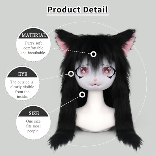SMILETERNITY SMILETERNIT Animal Head Cat Fursuit Cut Mask Halloween Masquerade Cosplay Costume Props Black - Image 3
