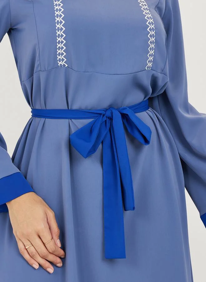 تايك تو Embroidery Detail A-Line Midi Dress with Belt