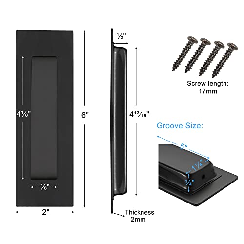 Malimali 6 Inch Recessed Finger Flush Pulls for Pocket Door Closet Door, Sliding Barn Door Handle, Matte Black Stainless Steel Rectangular Door Pulls Hardware(2 Pack) - Image 2