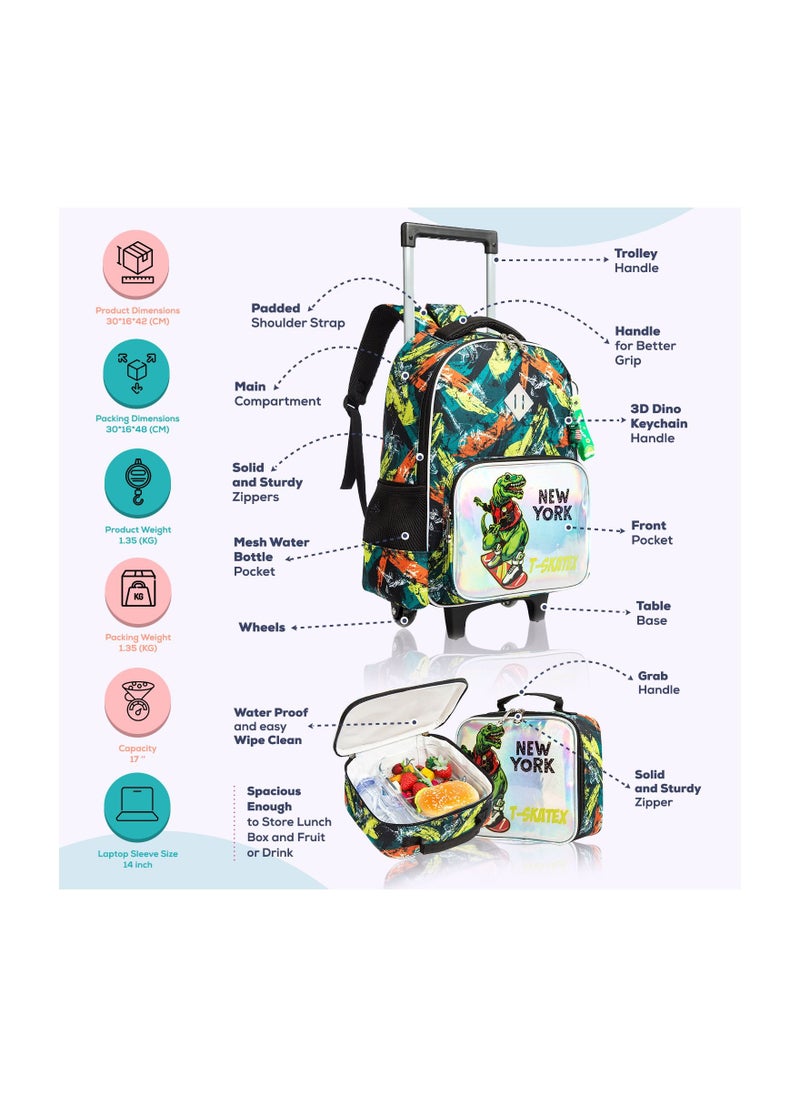 Eazy Kids Eazy Kids 16" Set of 3 Trolley School Bag Lunch Bag and Pencil Case New York Dinosaur-Green  - Image 3
