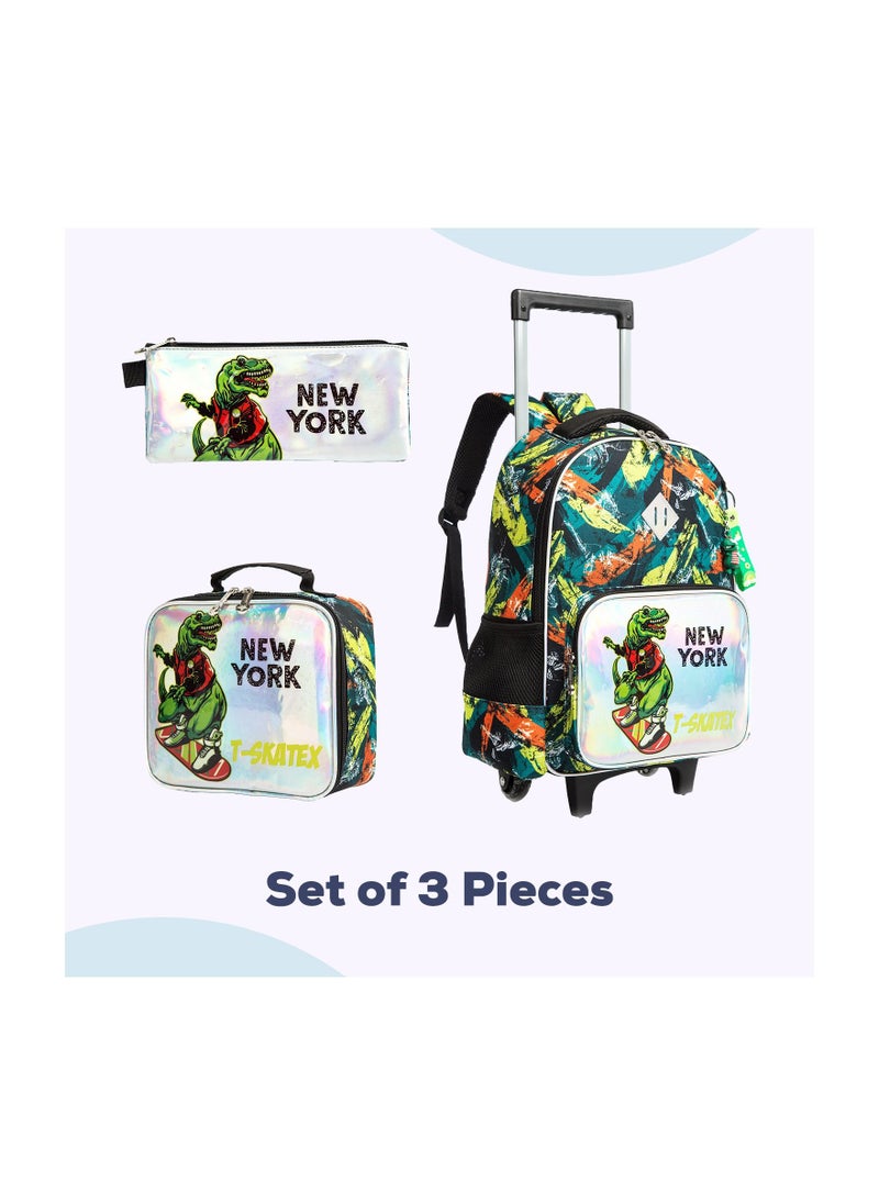 Eazy Kids Eazy Kids 16" Set of 3 Trolley School Bag Lunch Bag and Pencil Case New York Dinosaur-Green  - Image 2