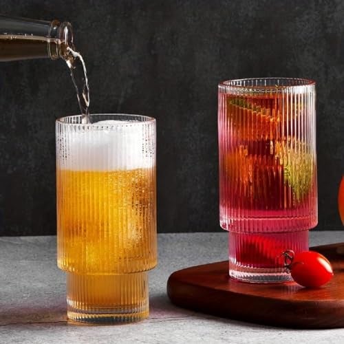 Jinelza Vintage Drinking Tumbler 320ml Ribbed Shape Drinking Glass, Highball Glasses, Premium Iced Coffee Glasses, Clear Glass Tumbler for Water (320ML Ribbed Juice Glass, 6 PCS) - Image 2