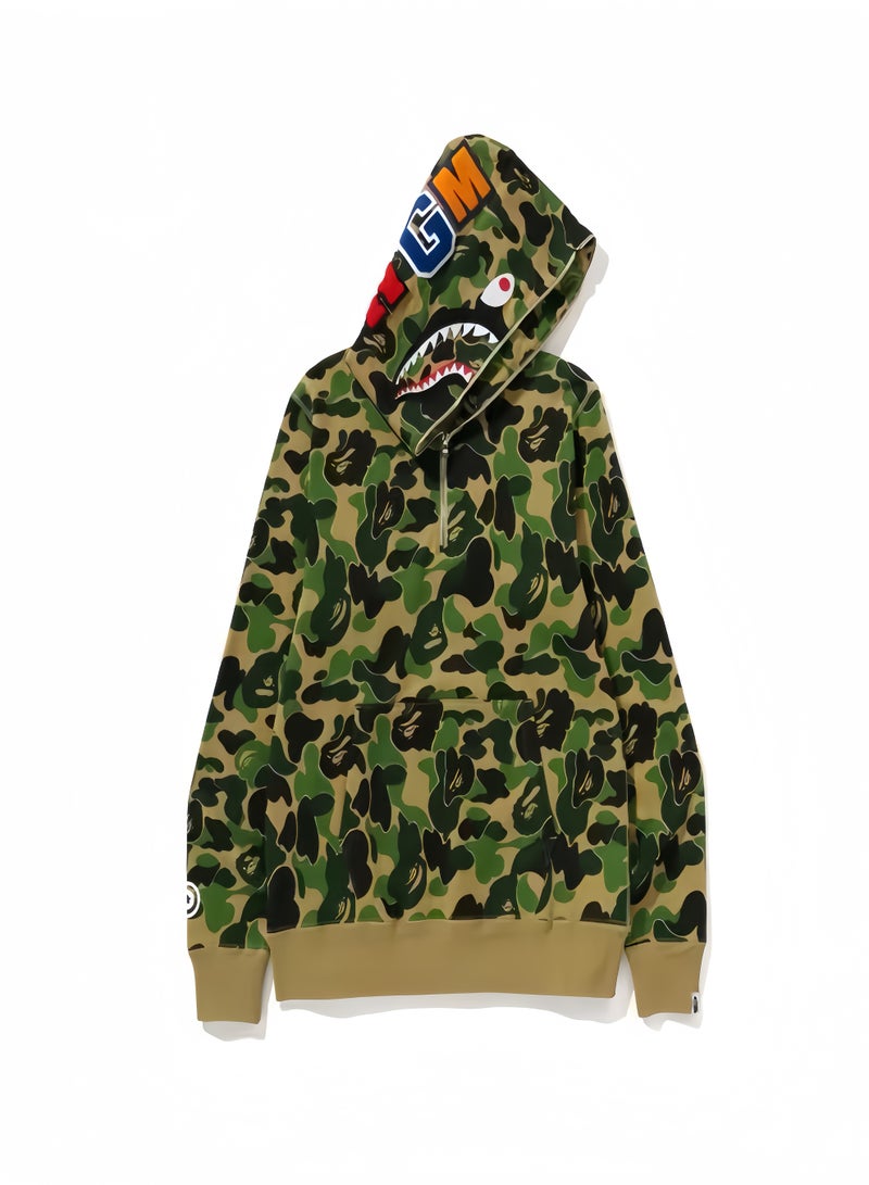 BAPE Men's Autumn Winter Shark WGM Pattern Camo Half Zip Hoodie Sweatshirt - Image 1