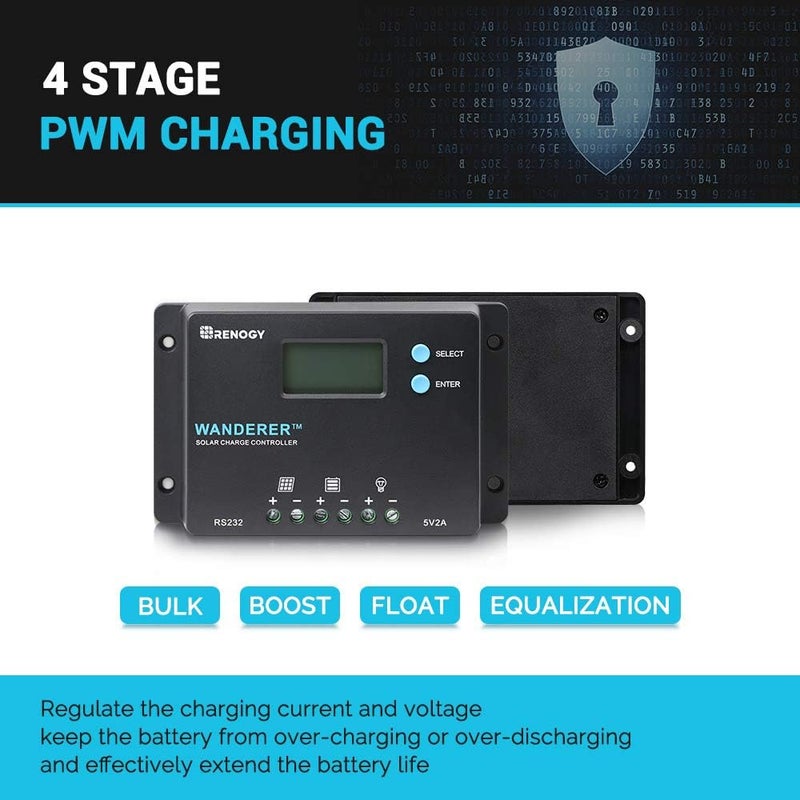 Renogy 10 Amp 12V/24V PWM Negative Ground Solar Charge Controller Compact Design w/LCD Display for AGM, Gel, Flooded and Lithium Battery, Wanderer 10A - Image 4