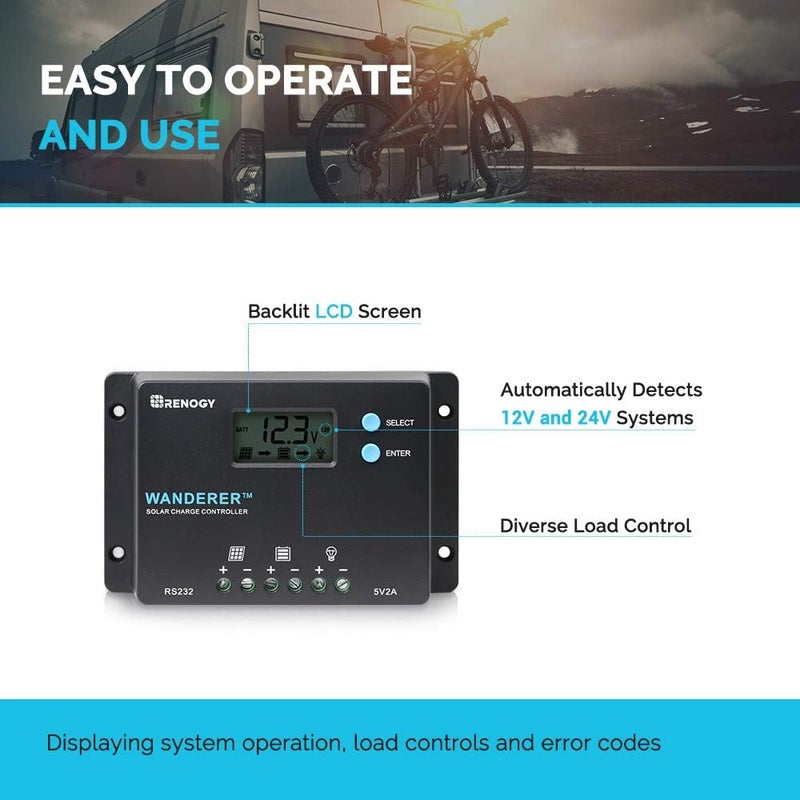 Renogy 10 Amp 12V/24V PWM Negative Ground Solar Charge Controller Compact Design w/LCD Display for AGM, Gel, Flooded and Lithium Battery, Wanderer 10A - Image 5