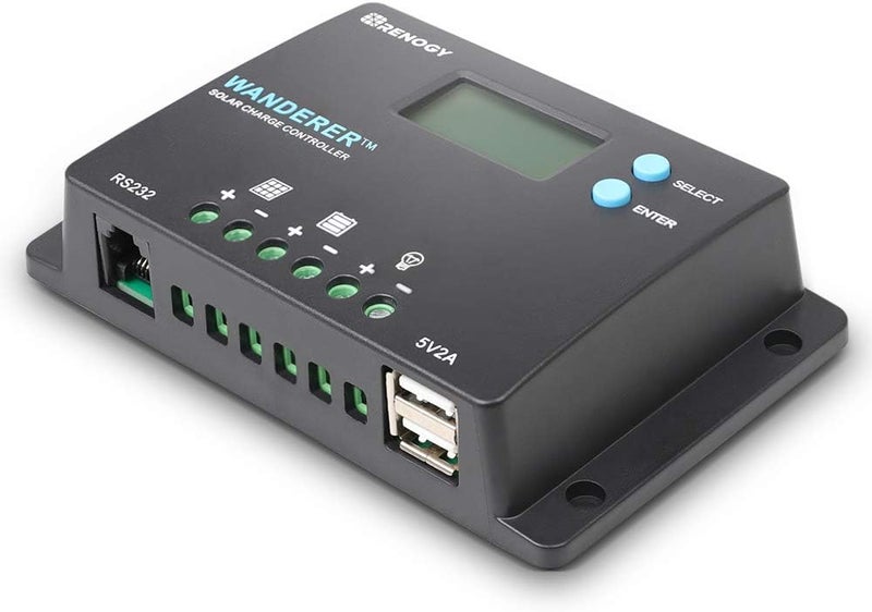 Renogy 10 Amp 12V/24V PWM Negative Ground Solar Charge Controller Compact Design w/LCD Display for AGM, Gel, Flooded and Lithium Battery, Wanderer 10A - Image 1
