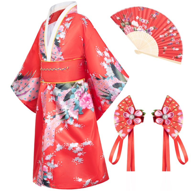 Japanese Traditional Dress Kimono Robe for Kids Girls Costume Silk Folding Fans hairstick SetRed140cm