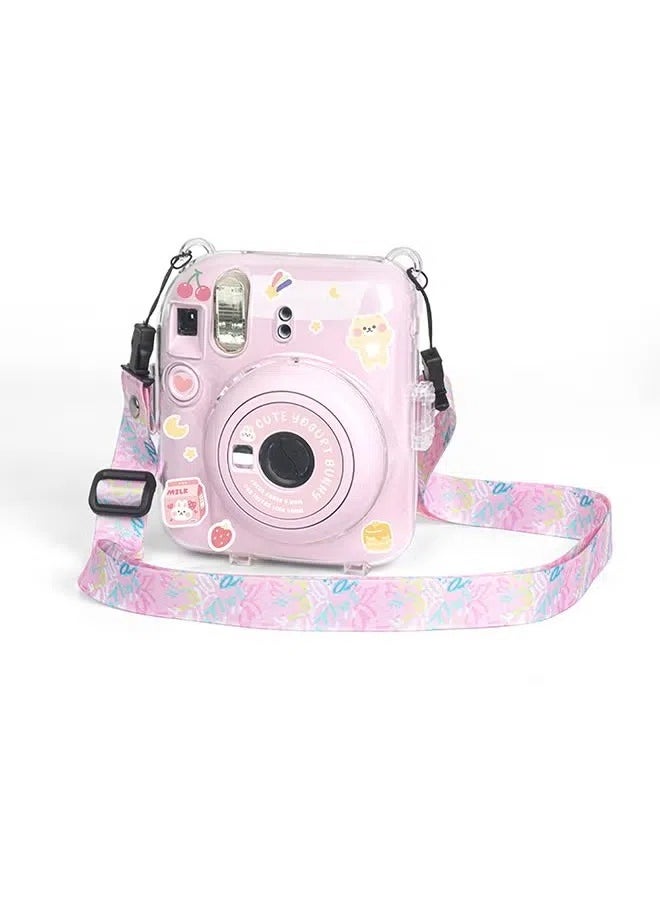 Generic 3 Pack Clear Camera Case Compatible with Fujifilm Instax Mini 12 Instant Camera - Mini 12 Hard Case with Photo Pocket Holds on Back and Adjustable Shoulder Strap & Cute Camera Sticker (Pink)  - Image 4