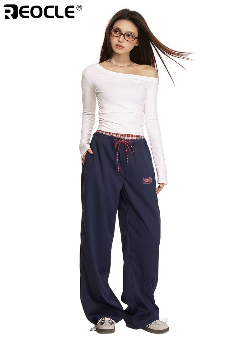 ريوكل بنطلونات نسائية واسعة الساق بتصميم حزام مزدوج وقصة مستقيمة، تتميز بسراويل كاجوال بملاءمة مريحة لارتدائها في الربيع والخريف - Image 4