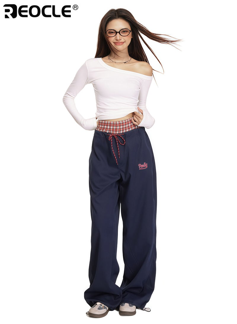 ريوكل بنطلونات نسائية واسعة الساق بتصميم حزام مزدوج وقصة مستقيمة، تتميز بسراويل كاجوال بملاءمة مريحة لارتدائها في الربيع والخريف - Image 4